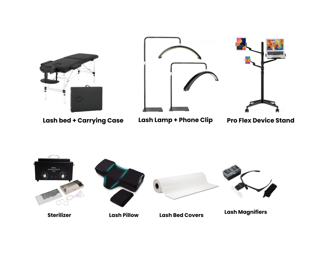 Collection of lash care and styling tools including a lash bed, carrying case, lamp, phone clip, stand, sterilizer, pillow, covers, and magnifiers on a white background.