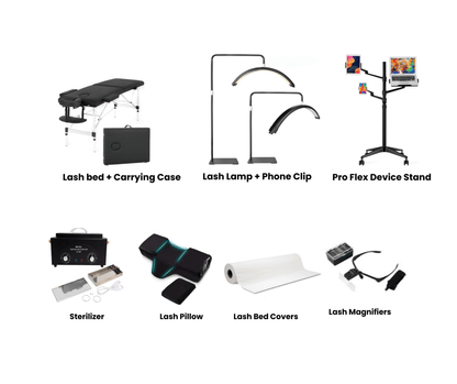 Collection of lash care and styling tools including a lash bed, carrying case, lamp, phone clip, stand, sterilizer, pillow, covers, and magnifiers on a white background.