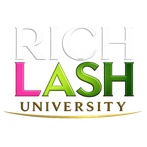 Logo for Rich Lash University with colorful text on a white background